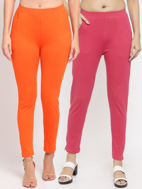 

NEUDIS Women Pack Of 2 Solid Ankle-Length Straight-Fit Leggings, Orange