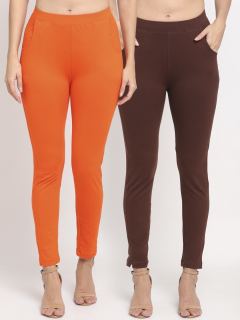 

NEUDIS Women Pack Of 2 Solid Ankle-Length Straight-Fit Leggings, Brown