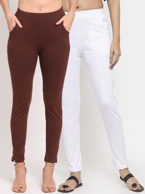 

NEUDIS Women Pack Of 2 Solid Straight-Fit Ankle-Length Leggings, Brown