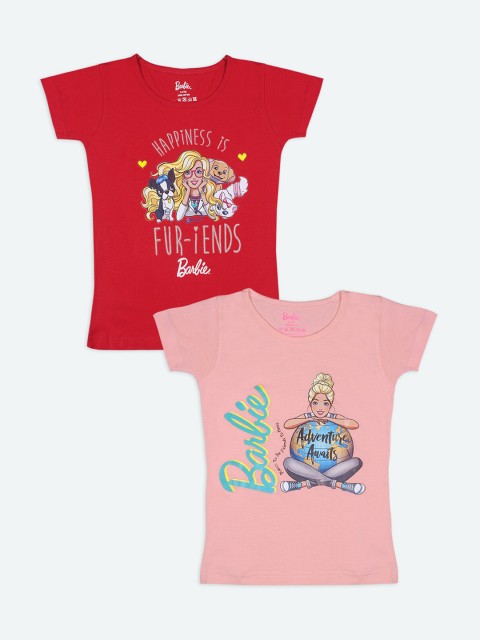 

Barbie Girls Red Peach-Coloured 2 Barbie Printed Cotton Pure Cotton T-shirt