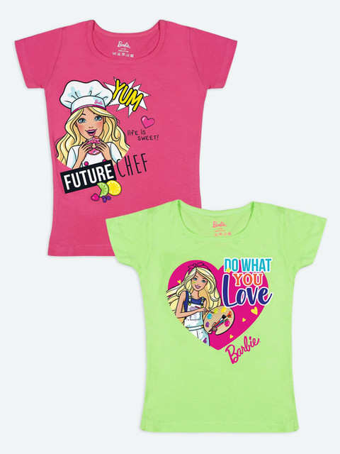 

Barbie Girls Pink Green 2 Barbie Printed Cotton Pure Cotton T-shirts