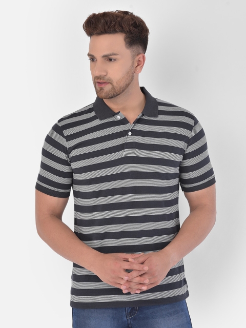 

COBB Men Navy Blue & White Striped Polo Collar Cotton T-shirt