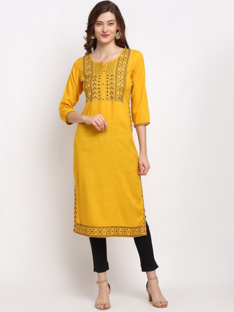 

Lovely Lady Women Mustard Yellow Yoke Design Thread Work Kurta