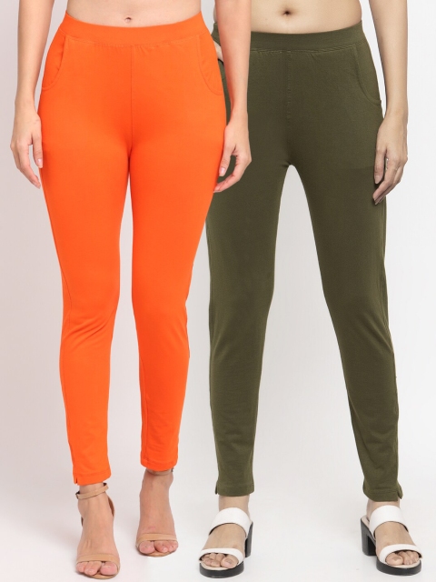 NEUDIS Women Pack Of 2 Solid Ankle-Length Leggings, Orange
