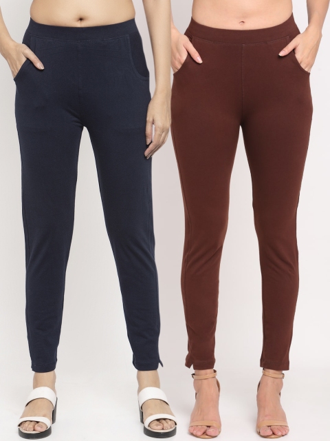 

NEUDIS Women Pack Of 2 Solid Ankle-Length Straight-Fit Leggings, Brown