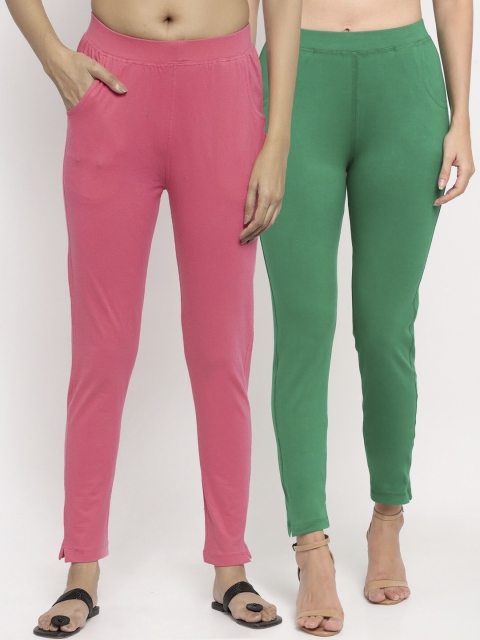 

NEUDIS Women Pack Of 2 Solid Straight-Fit Ankle-Length Leggings, Green