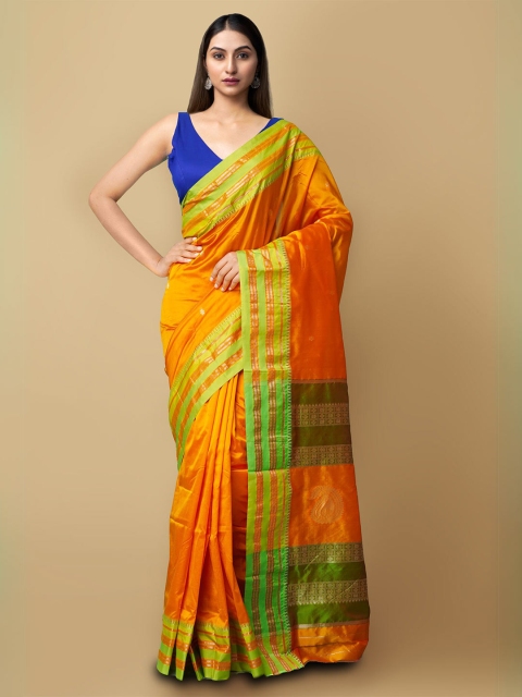 Unnati Silks Orange & Green Floral Zari Silk Cotton Handloom Narayan Peth Saree