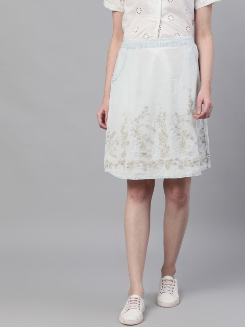 

Ishin Women Blue Washed A-Line Embroidered Denim Skirt