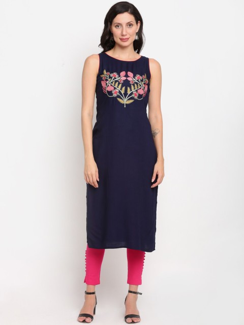 

Lovely Lady Women Navy Blue Floral Embroidered Thread Work Floral Kurta
