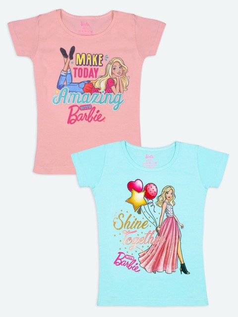

Barbie Girls Peach-Coloured Turquoise Blue 2 Barbie Printed Cotton Pure Cotton T-shirts