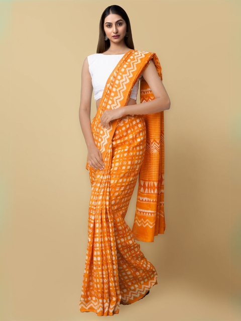 

Unnati Silks Women Orange & White Dabu Printed Rajasthani Soft Silk Saree