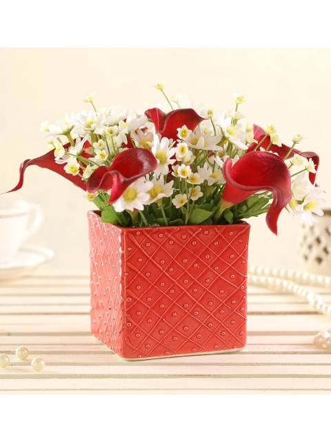 

Ferns N Petals Red & White Artificial Flowers With Ceramic Square Pot