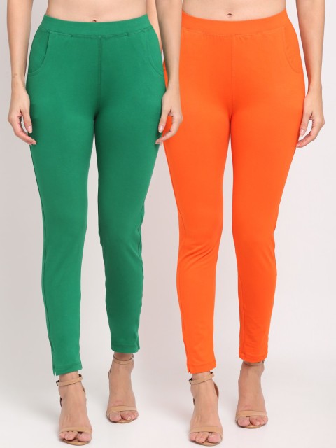 

NEUDIS Women Pack of 2 Solid Ankle-Length Leggings, Orange