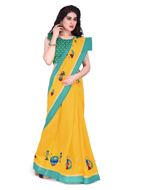 

KALINI Women Mustard & Green Tribal Print Poly Cotton Saree