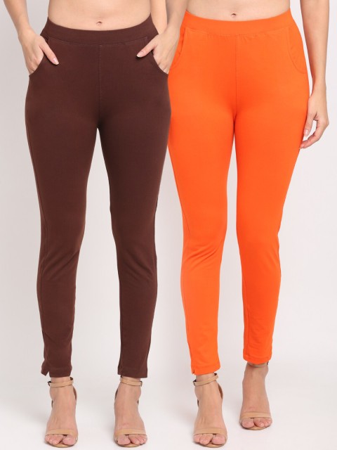 

NEUDIS Women Pack Of 2 Solid Ankle-Length Straight-Fit Leggings, Brown