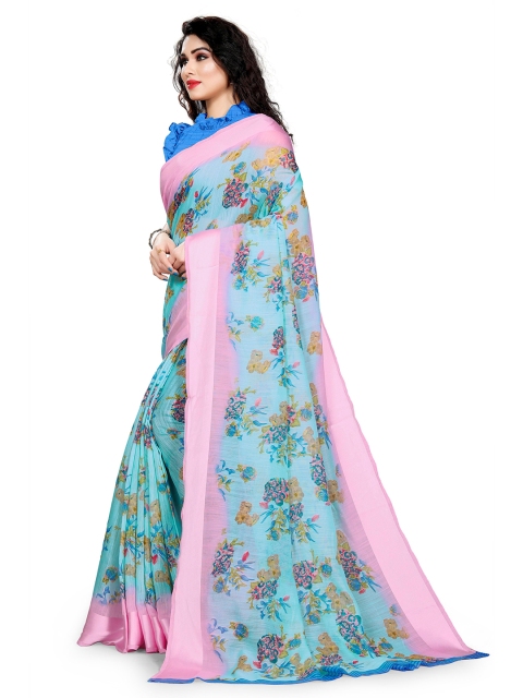 

KALINI Women Blue & Pink Floral Bagh Saree, Turquoise blue