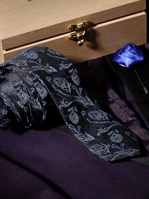 

LOUIS STITCH Men Navy Blue & Black Woven Design Broad Tie