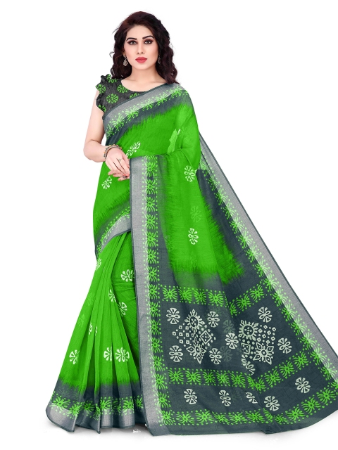 

KALINI Green & Grey Batik Block Print Traditional Saree