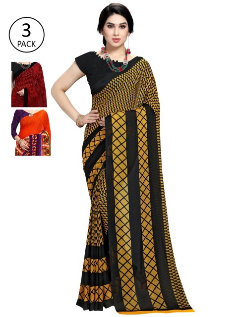 

KALINI Pack of 3 Red & Orange Floral Saree