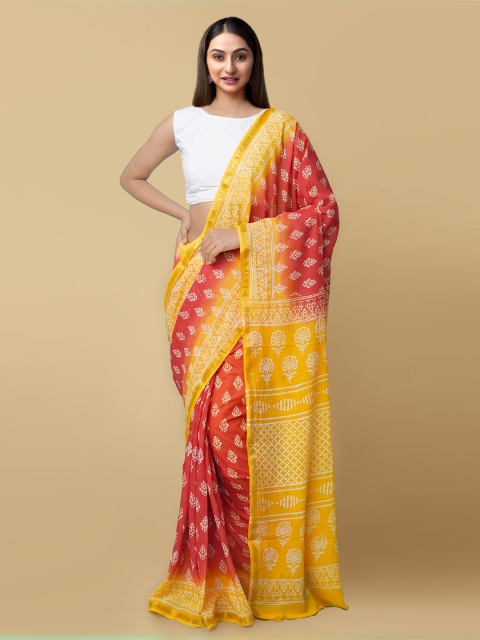 

Unnati Silks Red & Yellow Floral Zari Pure Cotton Block Print Saree