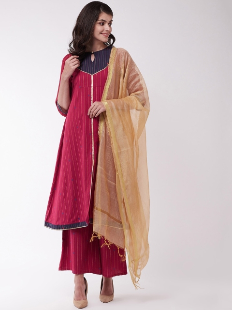

InWeave Women Maroon Striped Layered Pure Cotton Kurta with Palazzos & Dupatta