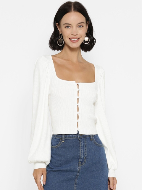 

FOREVER 21 Women Off White Crop Front-Open Sweater