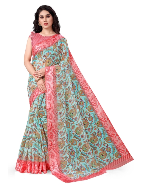 

KALINI Turquoise Blue & Peach Floral Printed Polycotton Saree