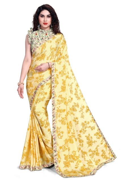 

Mirchi Fashion Women Yellow Floral Print Bagh Crepe Silk Saree