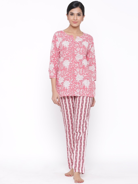 

WomenMagic Women Pink & White Printed Night suit