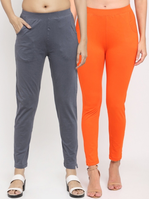 

NEUDIS Women Pack Of 2 Solid Ankle-Length Straight-Fit Leggings, Orange