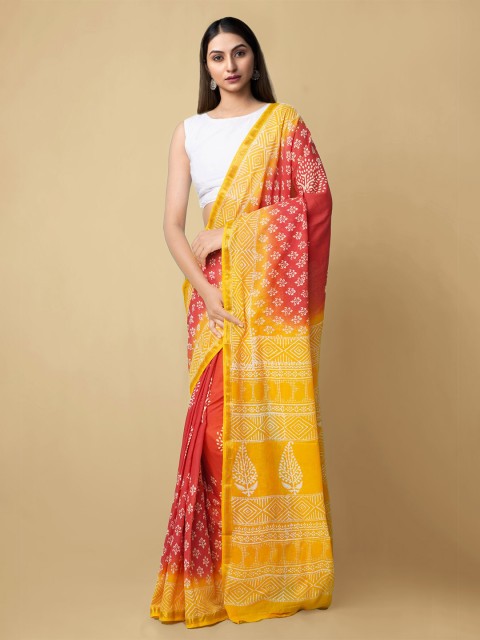 

Unnati Silks Red & Yellow Ethnic Motifs Pure Cotton Block Print Saree