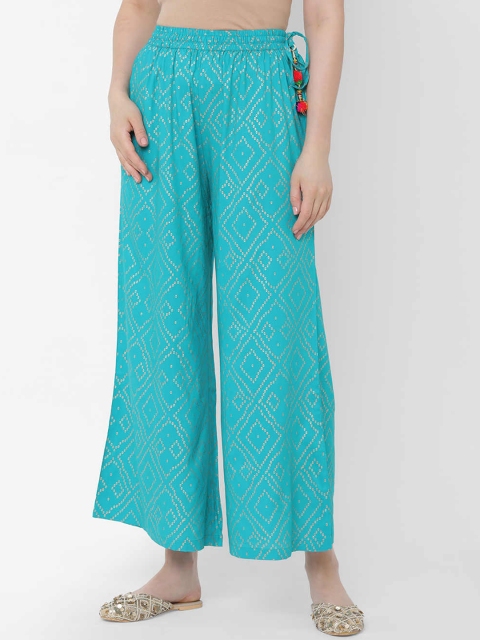 

ZOLA Women Turquoise Blue Foil Printed Flared Culottes Trousers