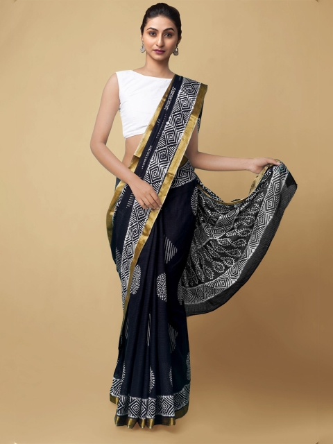 

Unnati Silks Women Black & White Pure Hand Block Printed Mulmul Cotton Sustainable Saree