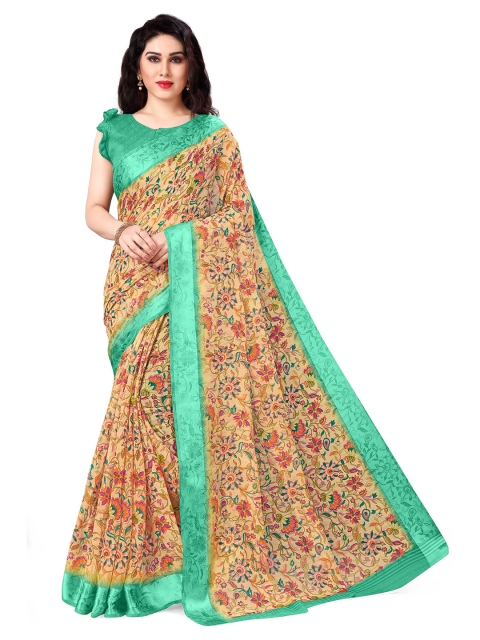 

KALINI Orange & Green Floral Printed Poly Cotton Saree
