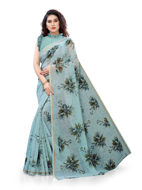 

KALINI Light Blue & Green Floral Polycotton Bagh Saree