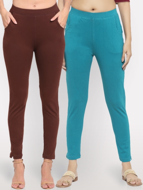 

NEUDIS Women Pack Of 2 Solid Ankle-Length Straight-Fit Leggings, Brown