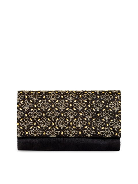 

Fabindia Black & Gold-Toned Embellished Envelope Clutch