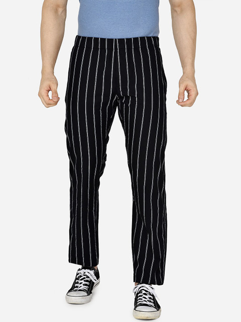 

beevee Men Black & White Striped Straight-Fit Pure Cotton Track Pants