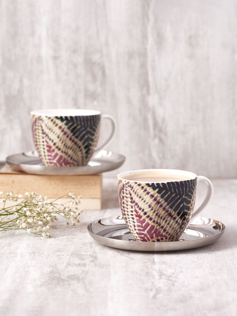 

ARTTDINOX Silver-Toned & Red Printed Ceramic Glossy 2 Cups & Saucers Set