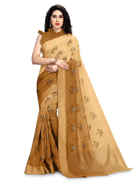

KALINI Women Mustard & Brown Block Print Cotton Saree