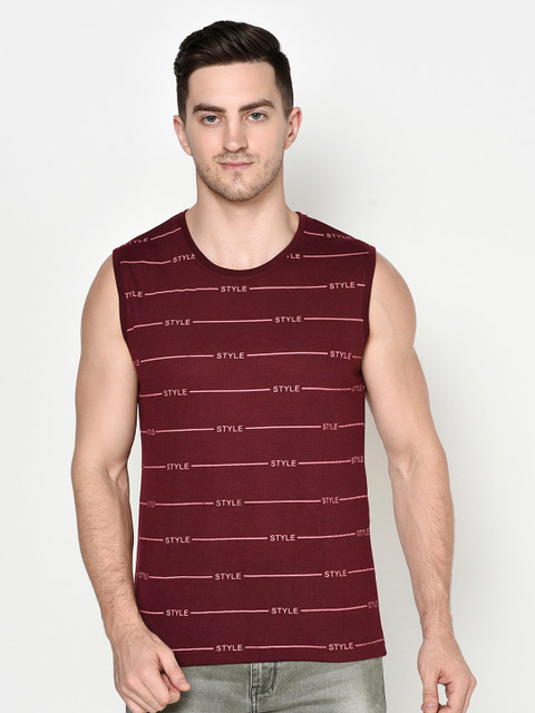 

ELEGANCE Men Maroon Striped Raw Edge T-shirt