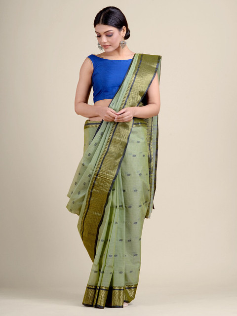 

Charukriti Green & Blue Woven Design Pure Cotton Handloom Taant Saree