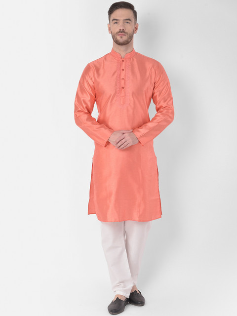 

SG LEMAN Men Peach-Coloured & White Raw Silk Kurta with Churidar