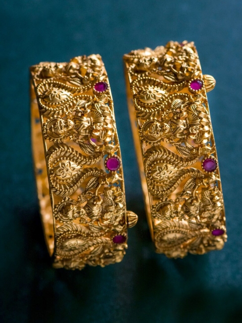 

Alankruthi Set Of 2 Gold-Plated Pink Stone-Studded Handcrafted Temple Bangles