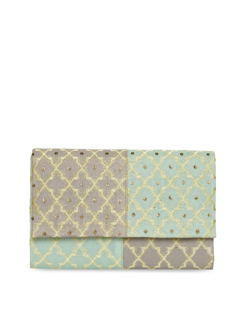 

Fabindia Grey & Green Sequinned Brocade Envelope Clutch