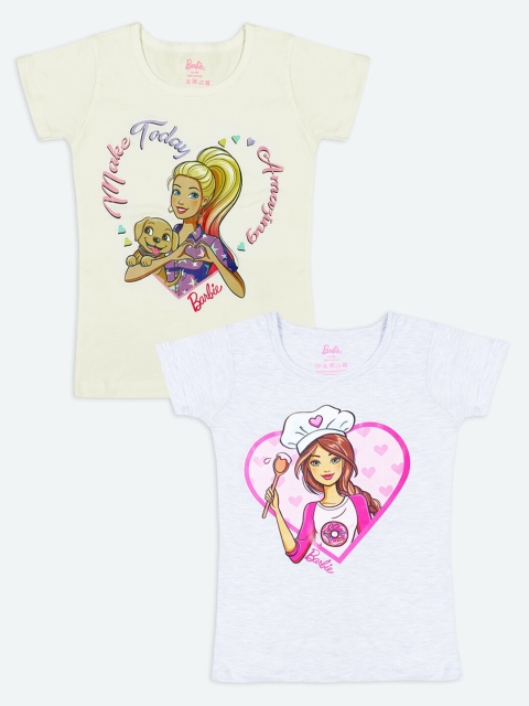 

Barbie Girls Cream-Coloured Grey Melange 2 Barbie Printed Cotton Pure Cotton T-shirt