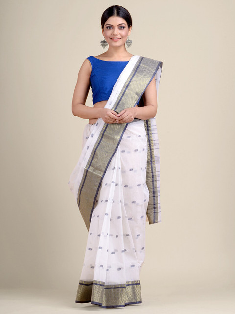 

Charukriti White & Blue Woven Design Pure Cotton Handloom Taant Saree