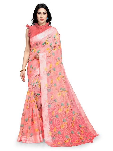 

KALINI Women Peach & Green Printed Cotton Saree