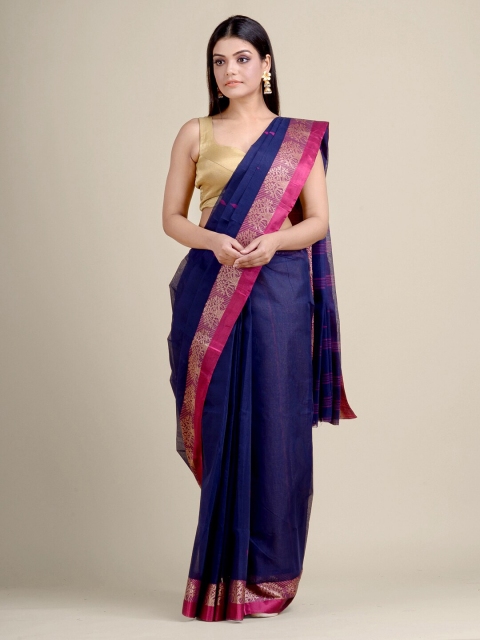 

Charukriti Navy Blue & Pink Ethnic Motifs Handloom Pure Cotton Taant Saree