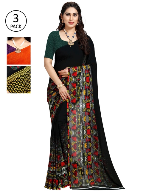 

KALINI Pack of 3 Black & Orange Poly Georgette Floral Saree